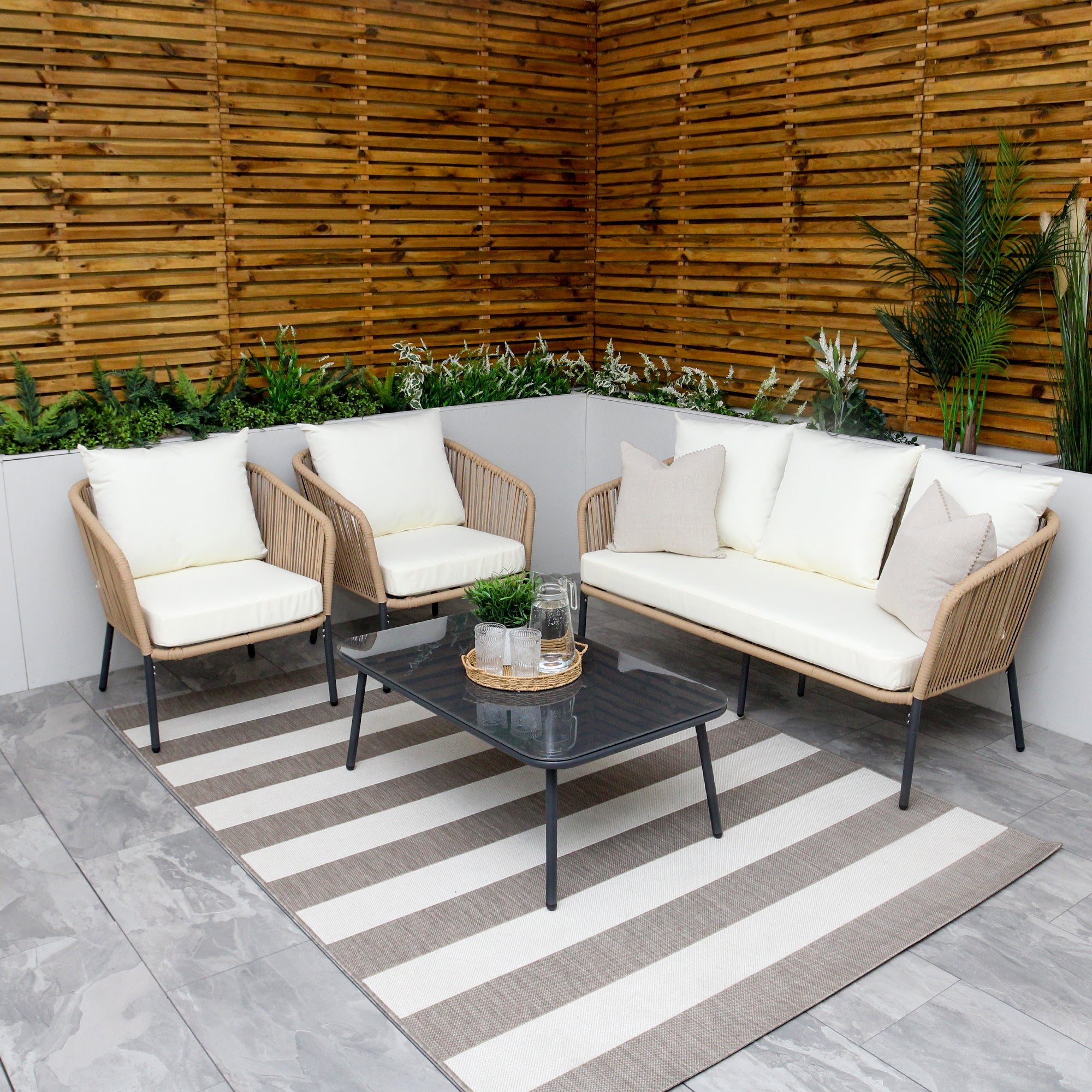 Turin Beige 5 Seater Weave Rope Aluminium Sofa Set with Cream Cushions